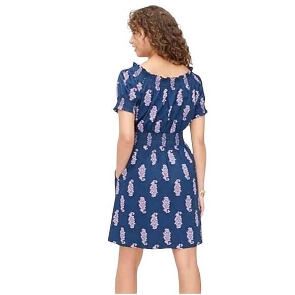J Crew Smocked Navy & Pink puff-sleeve cotton poplin dress budding branch print - Picture 2 of 12